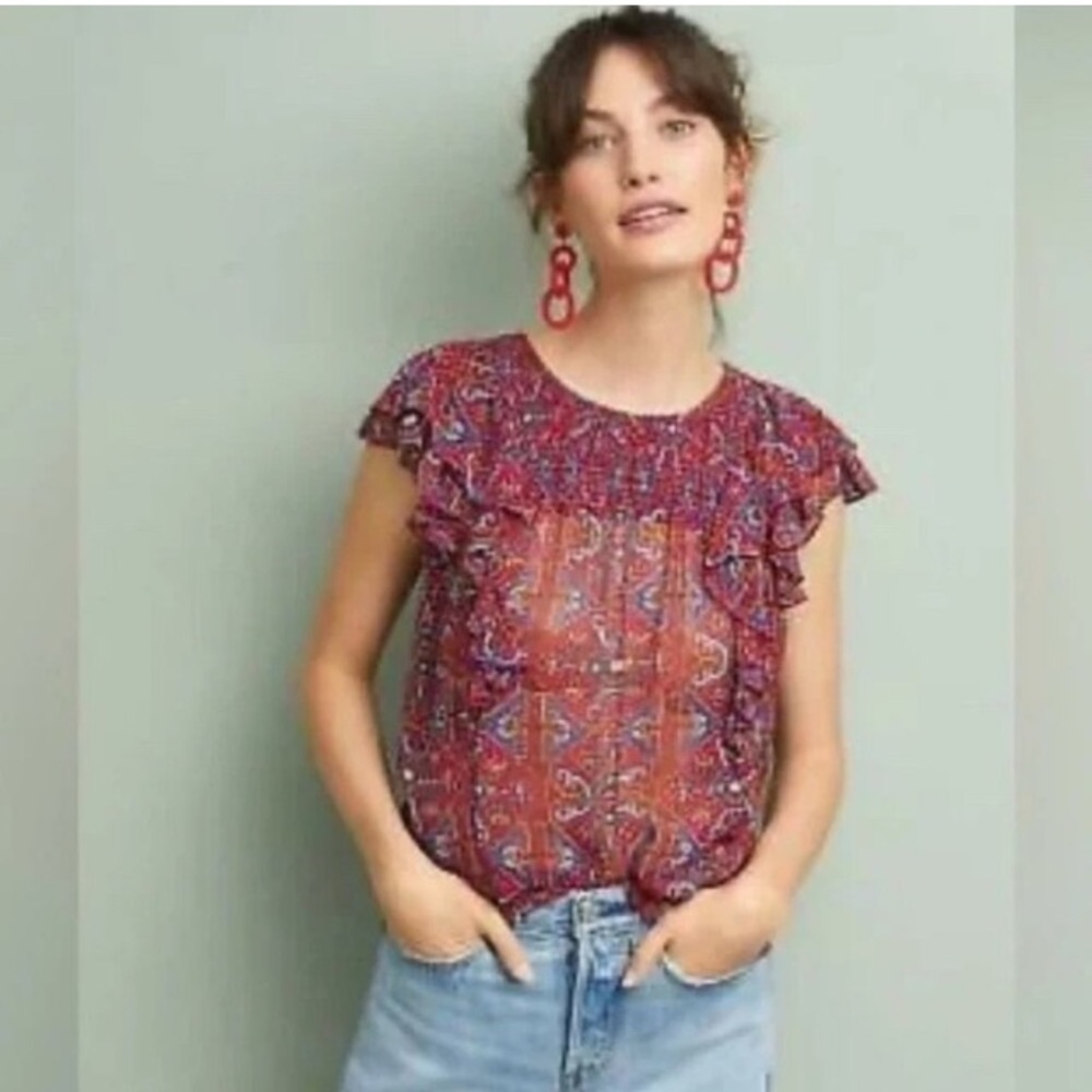 Meadow Rue / Anthropologie colorful patterned Ruffle-Sleeve Blouse